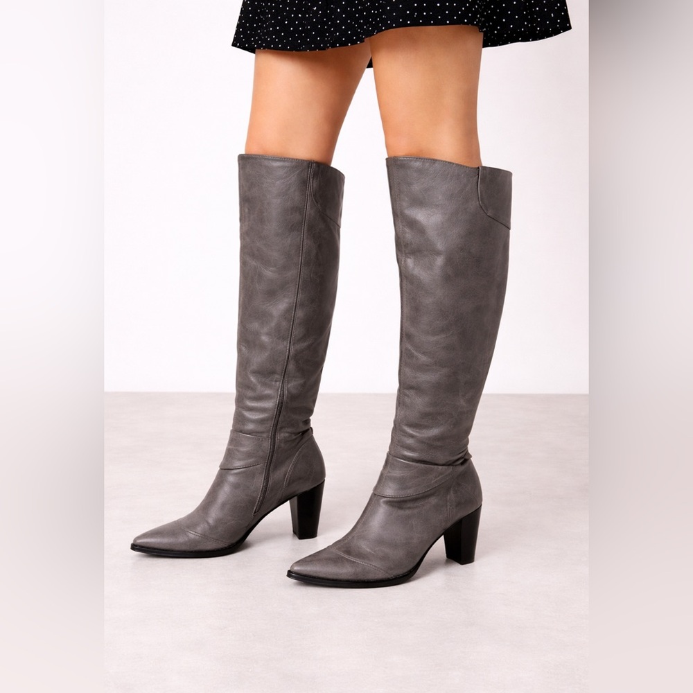 France Mode Gray Leather Knee High Boots Block Heel EU 38